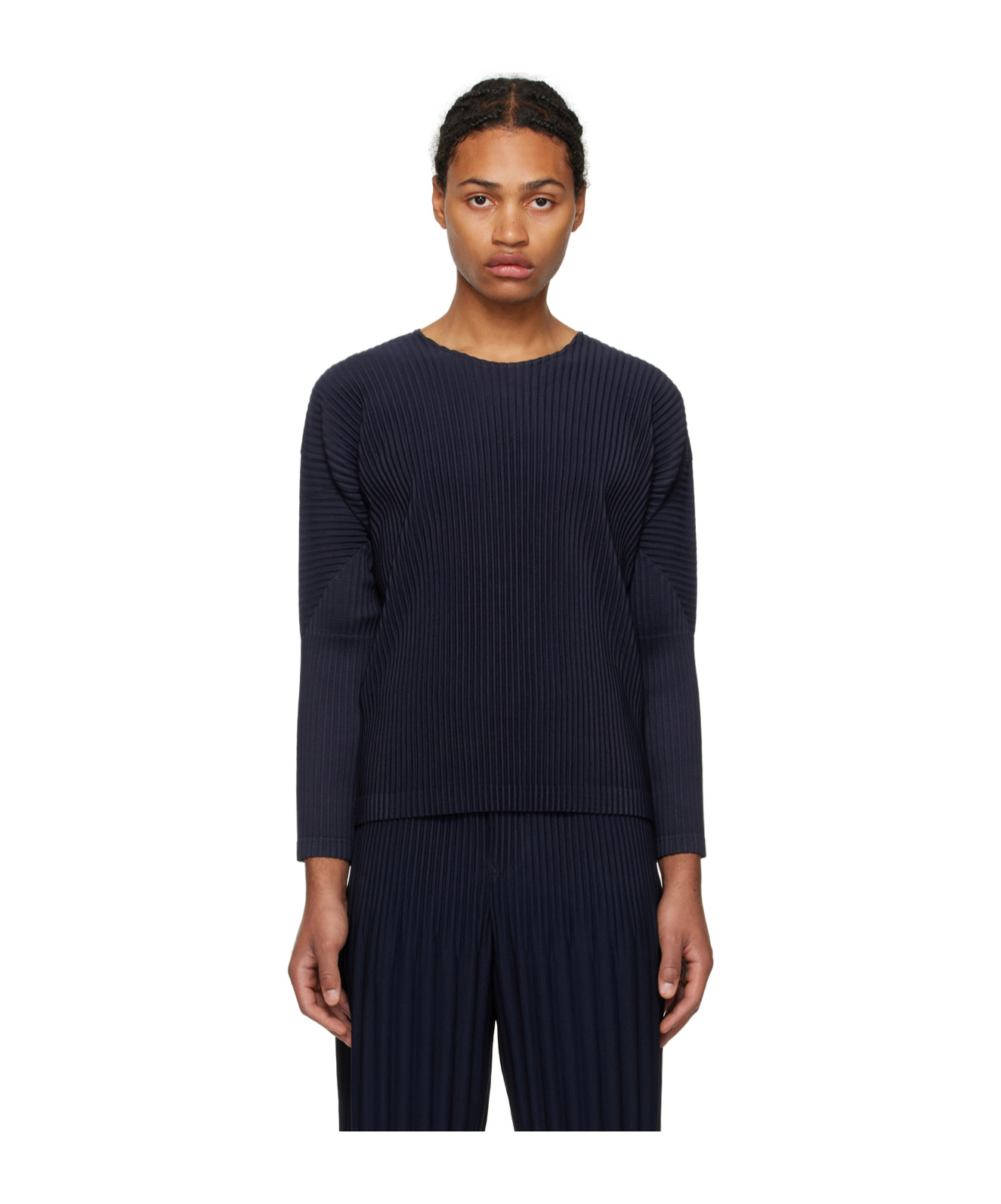 Issey Miyake Ns Black Pleated Long Sleeves Regular-fit Knitted T-shirt In Black