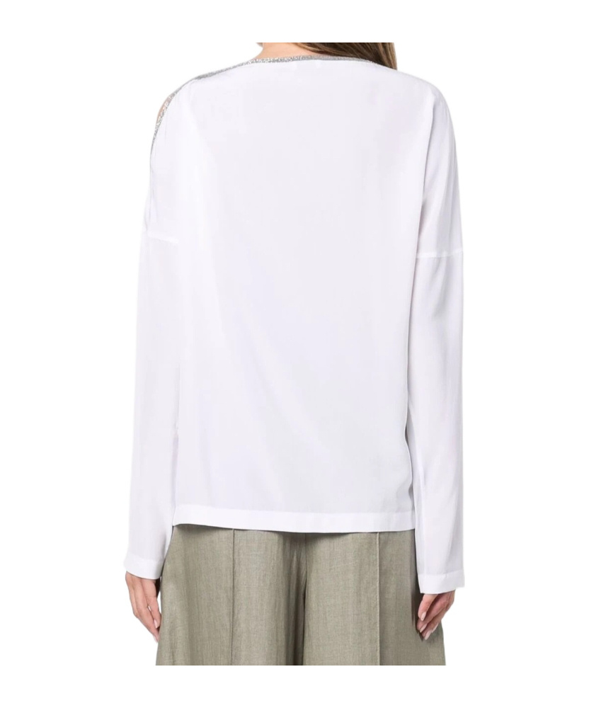 Brunello Cucinelli Long-sleeve White Knit Top With Unique Shoulder Detail In White