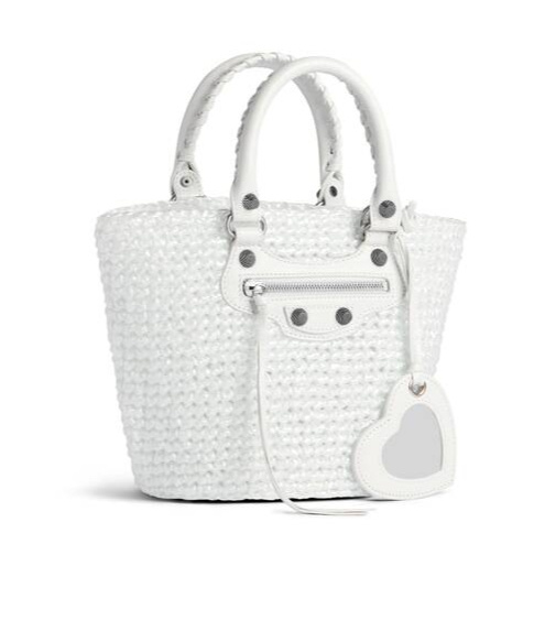 Balenciaga White Raffia Small Le Cagole Panier Handbag In White