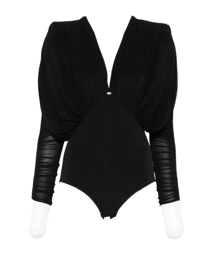 Elisabetta Franchi Draped V Neck Sheer Fabric Top In Black