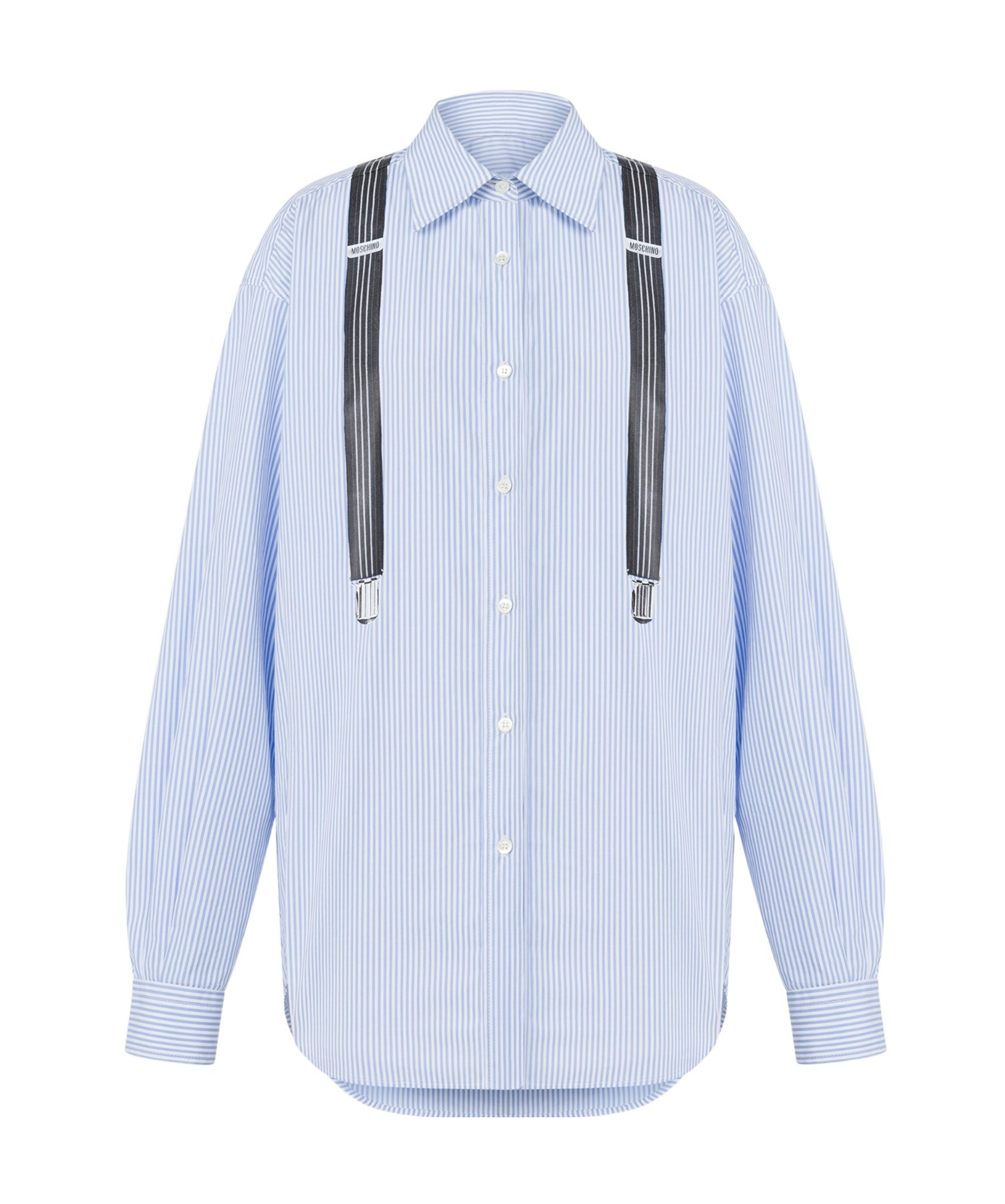 Moschino Couture Light Blue Cotton Striped Shirt With Decorative Straps In Blue