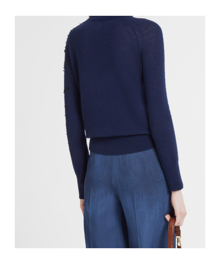 Ermanno Scervino Pure Cashmere Sweater With High Neck And Hand-embroidered Iris In Blue