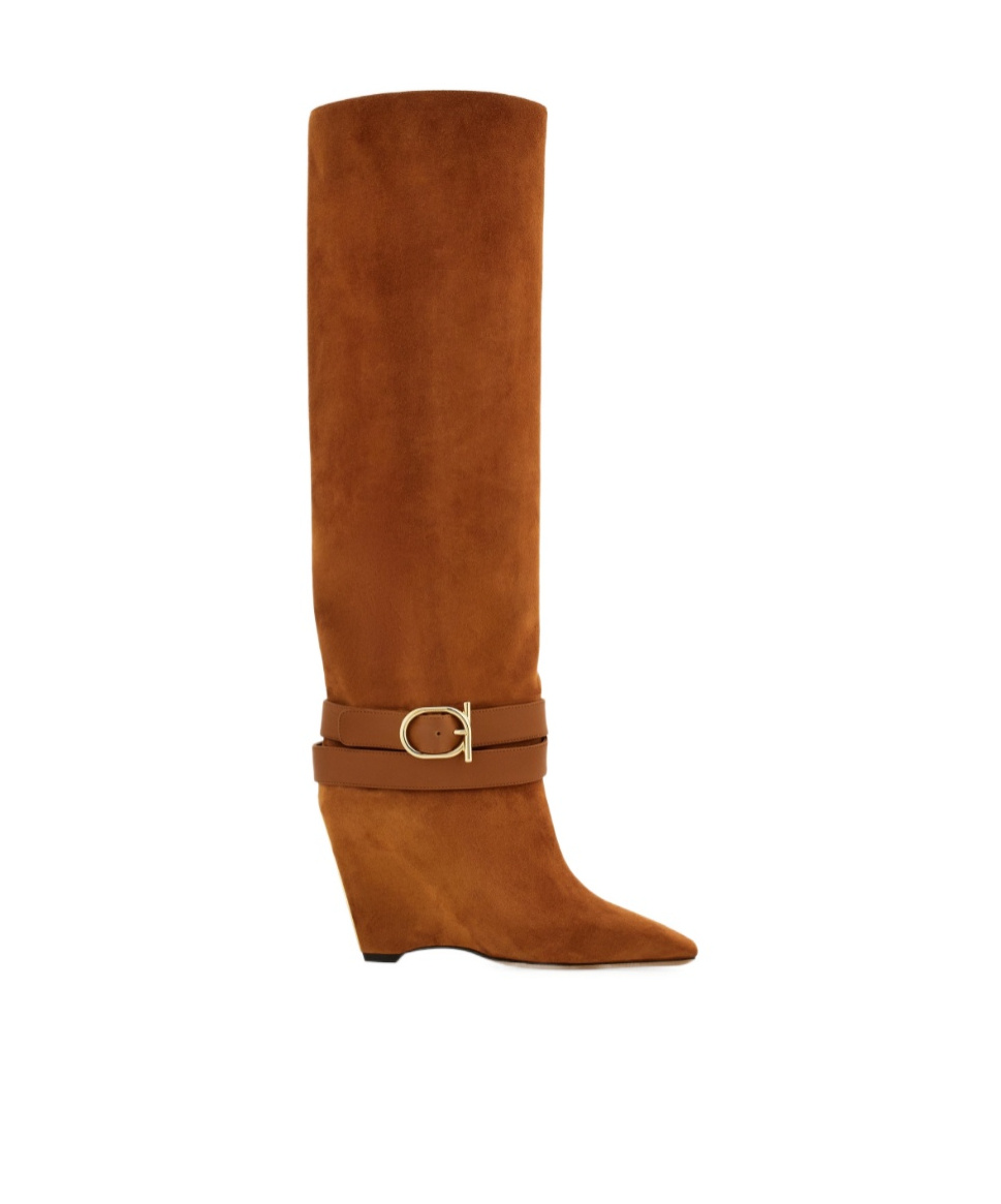 Ferragamo Knee High Boot With Wedge Heel In Brown