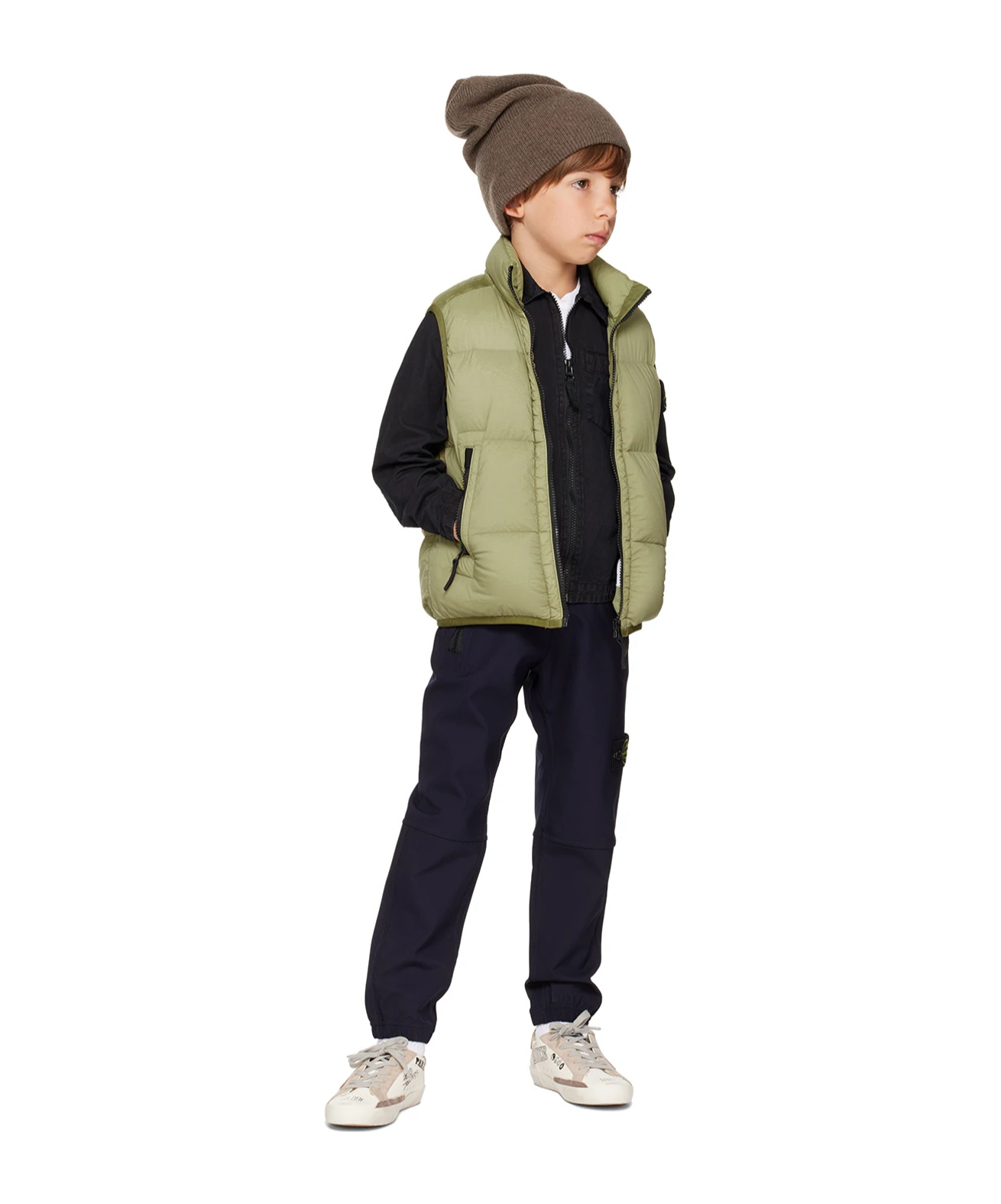 Stone Island Kids Khaki Zip Down Vest In Green