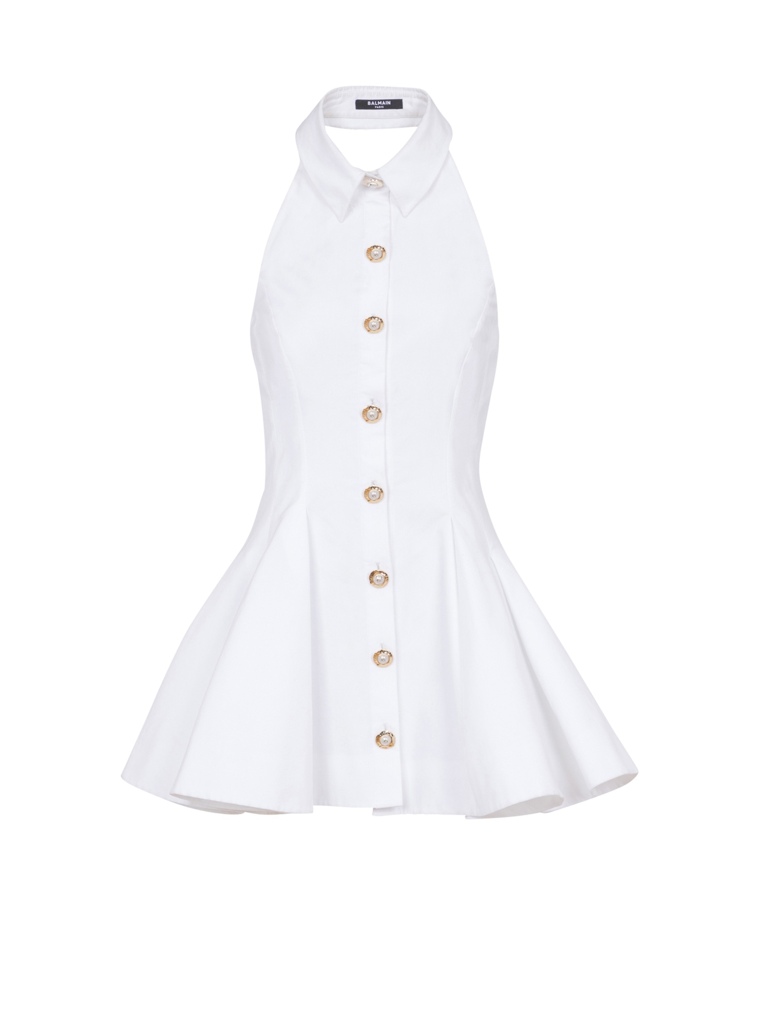Balmain Flared Cotton-poplin Halter-neck Mini Shirt Dress In White