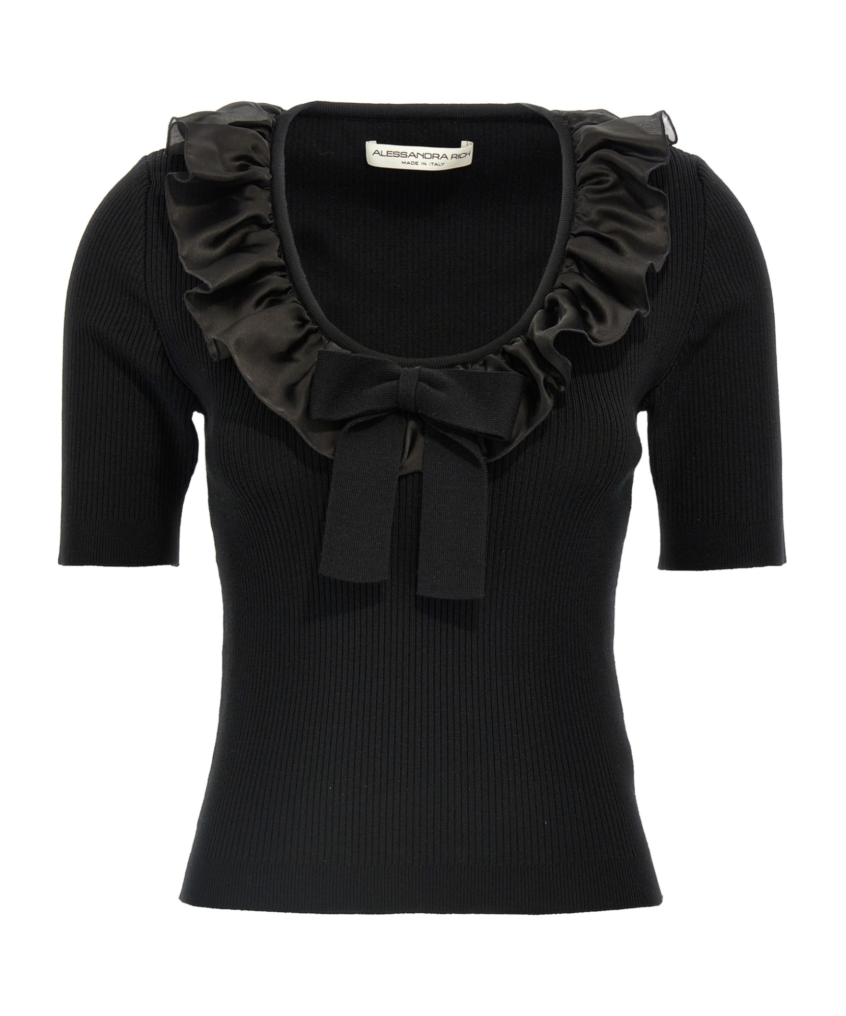 Alessandra Rich T-shirt With Ruffle And Bow Detail In Black
