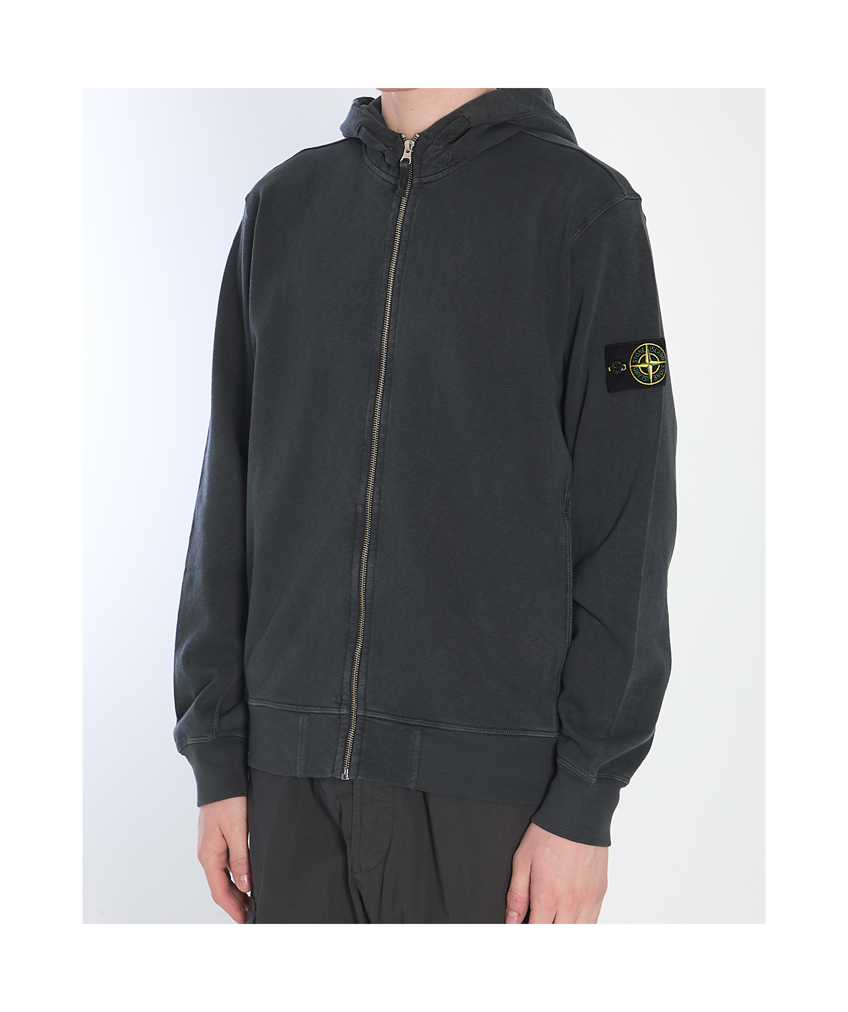 Stone Island Front Zip Closure Grey Zipper Hoodie In Black