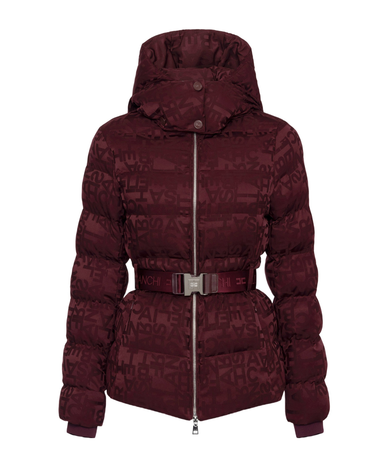 Shop Elisabetta Franchi Jacquard Logo Belted Puffer Coat In Brown