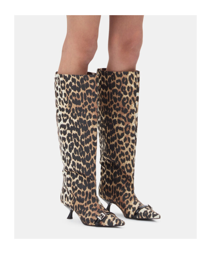 Ganni Slouchy Pointed Toe Kitten Heel Knee High Boot In Animal Print