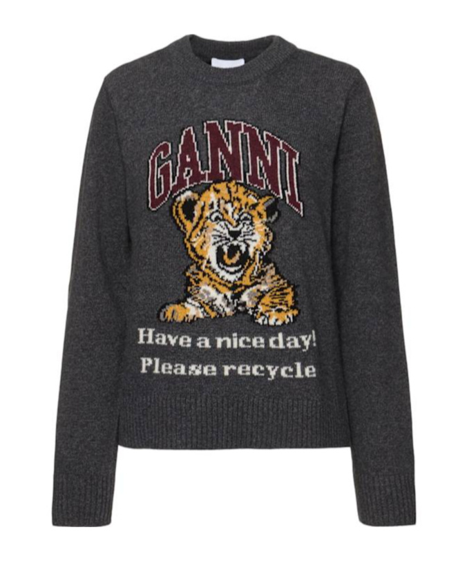 Ganni Jersey With Logo Embroidery And Tiger