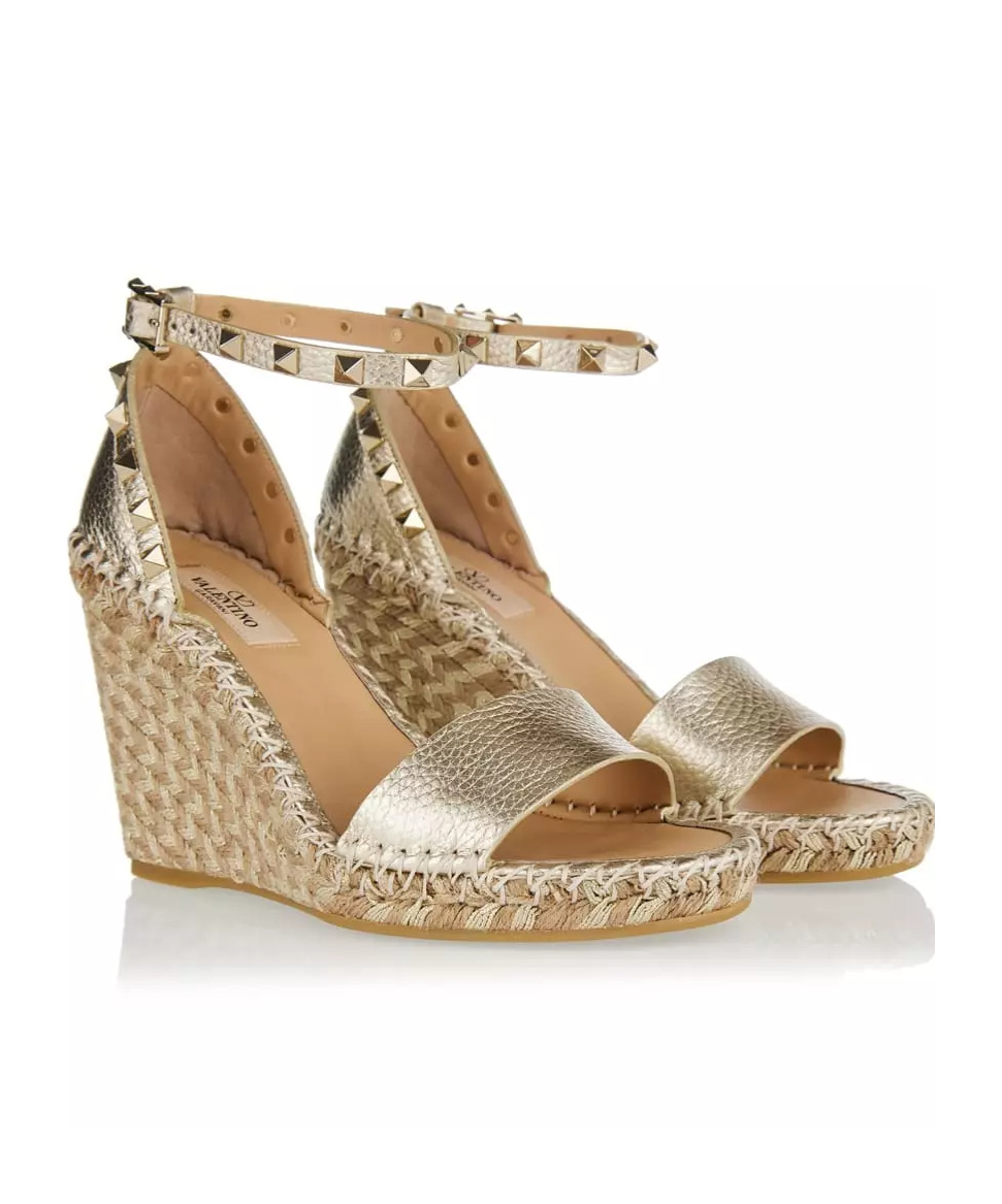 Shop Valentino Rockstud Wedge Espadrilles In Nude