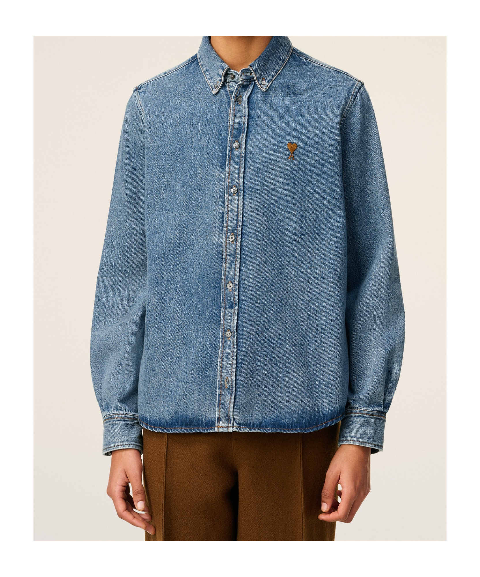 Ami Alexandre Mattiussi Adc Button-down Collar Logo-embroidered Denim Shirt In Blue