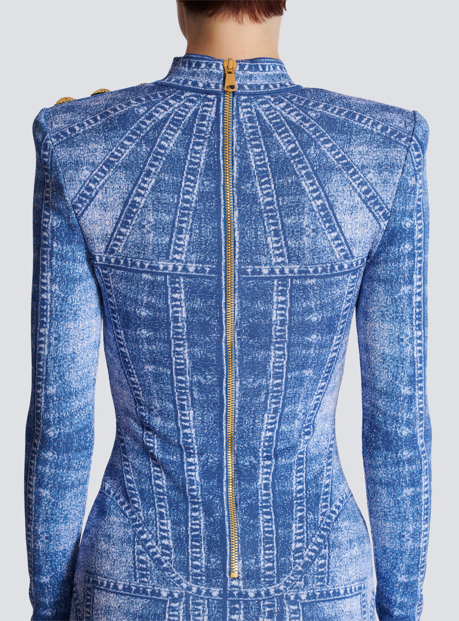 Shop Balmain Short Jacquard Knit Dress With Denim Effect In Blue