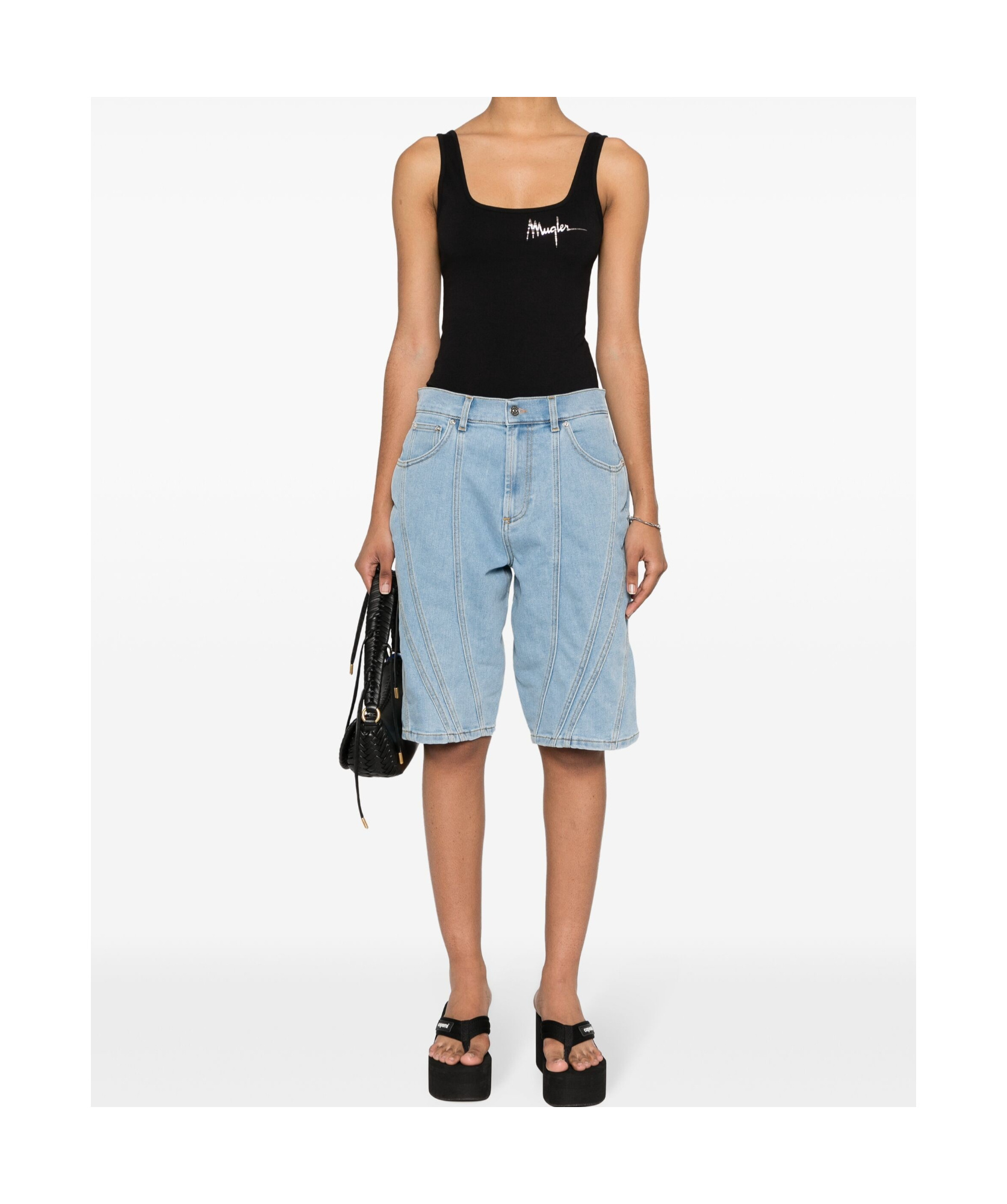 Mugler Spiral Wide-leg Denim Shorts In Black