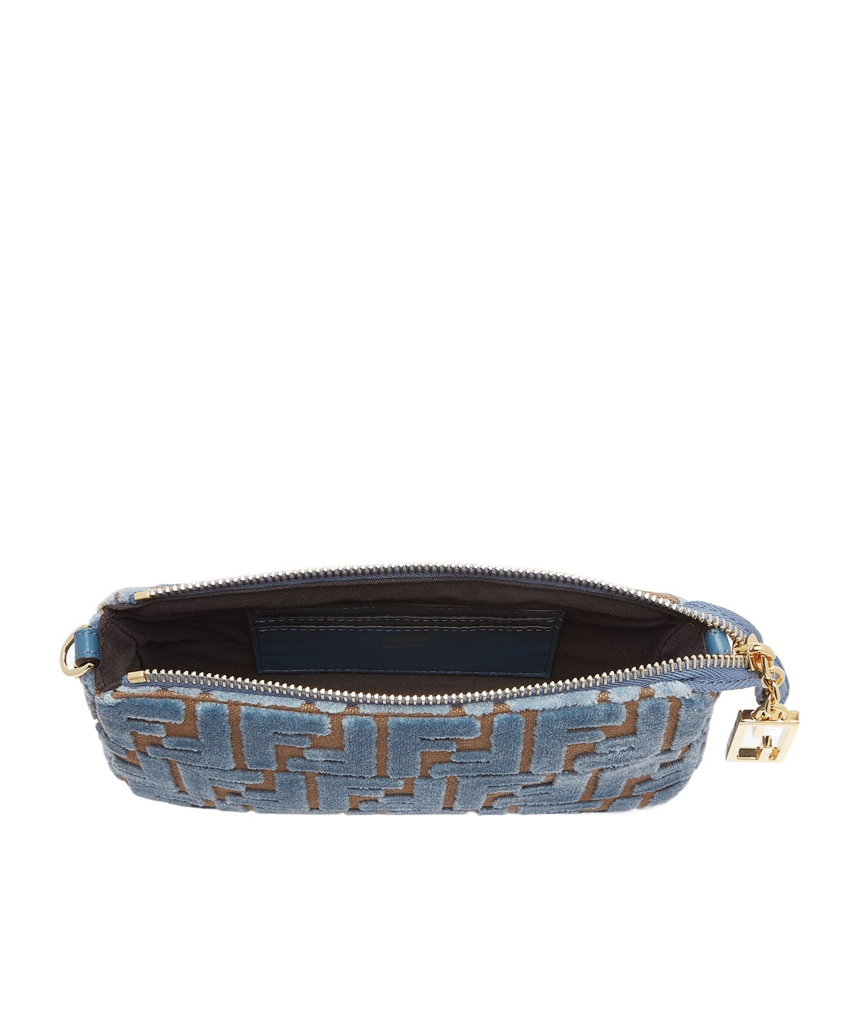 FENDI LIGHT BLUE JACQUARD FF VELVET POUCH WITH CHAIN