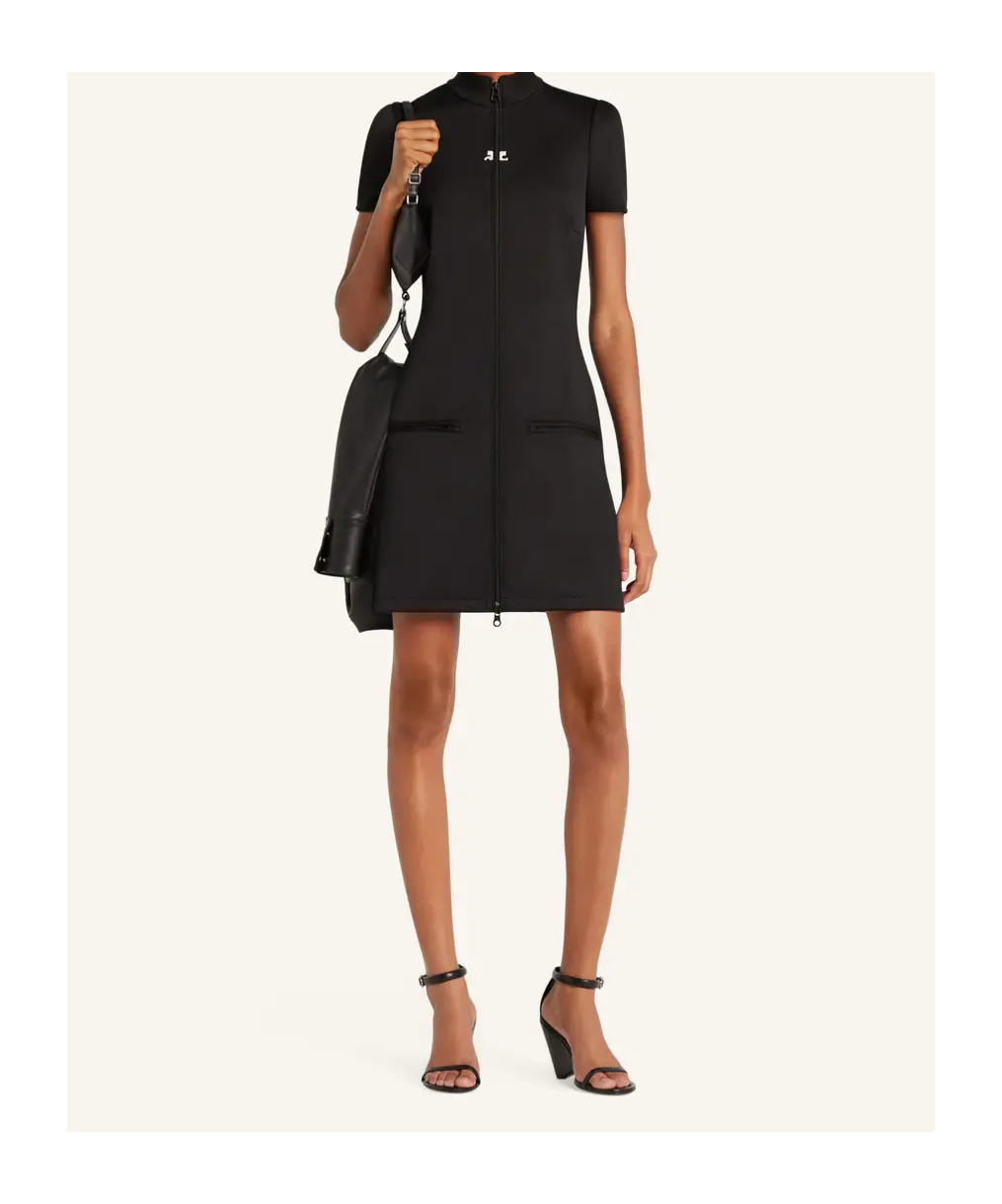 Courrèges Short Sleeve Dress With High Collar And Pockets In Black