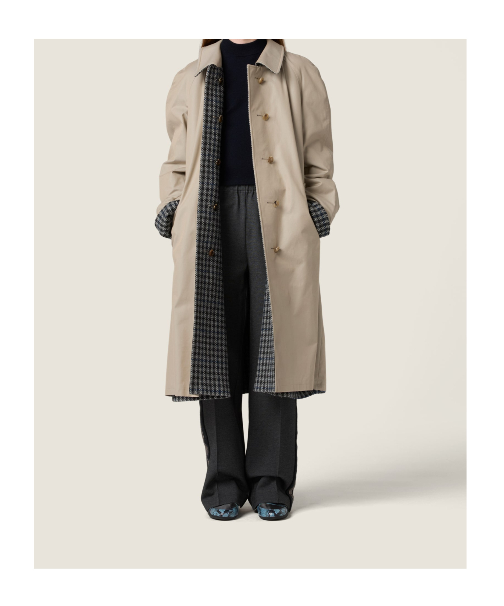 Miu Miu Reversible Twill And Check Trench Coat In Neutral