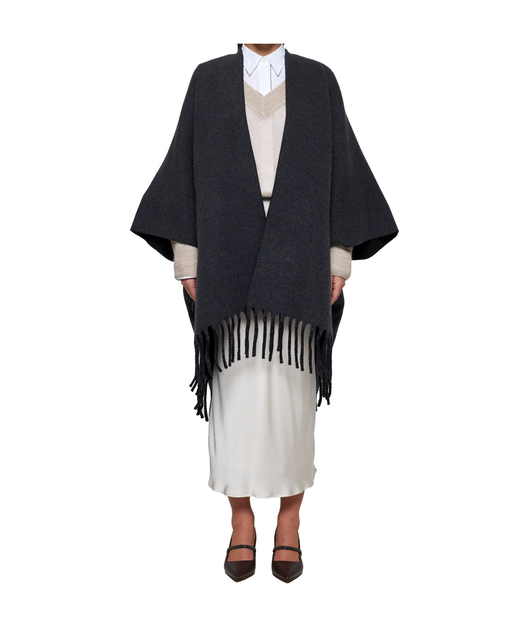 Brunello Cucinelli Reversible Fringed Poncho In Black