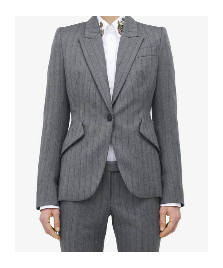 Alexander Mcqueen Herringbone Striped Single-breasted Blazer Jacket In Gray