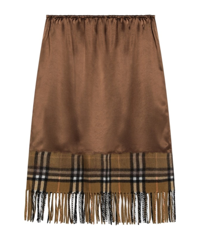 Burberry Checked Midi Fringed Skirt In Brown