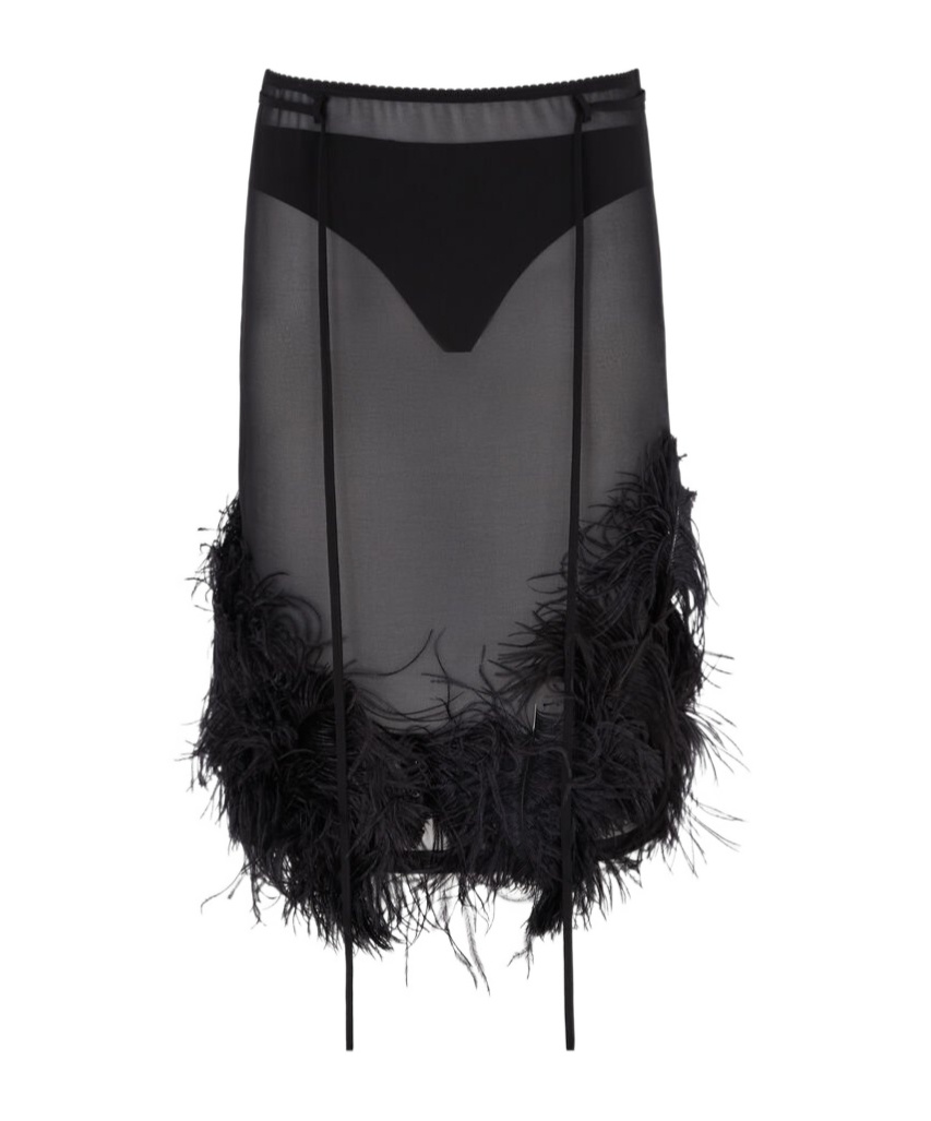 Attico Chic Low-waisted Midi Skirt With Feather Embellishment In Black