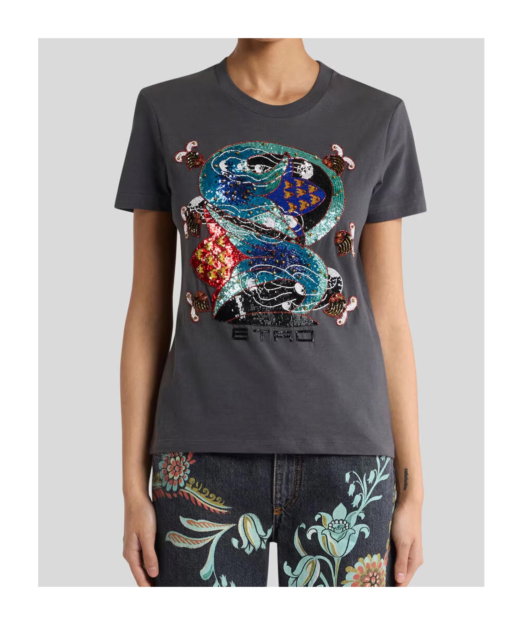 Etro Cotton T-shirt With Sequin Embroidery In Gray