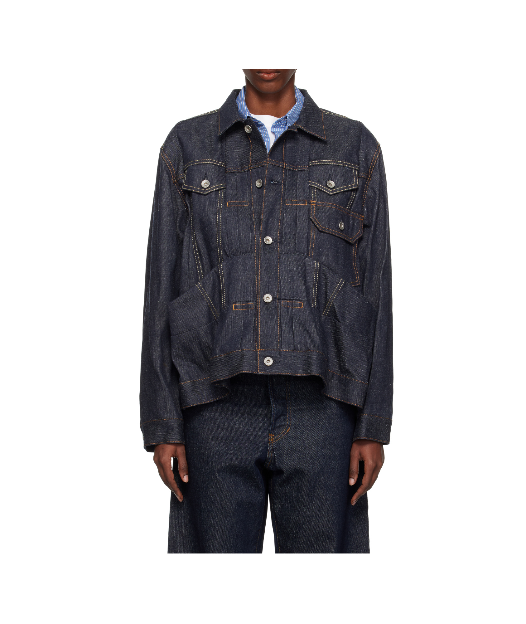 Sacai Navy Pleated Denim Jacket In Blue