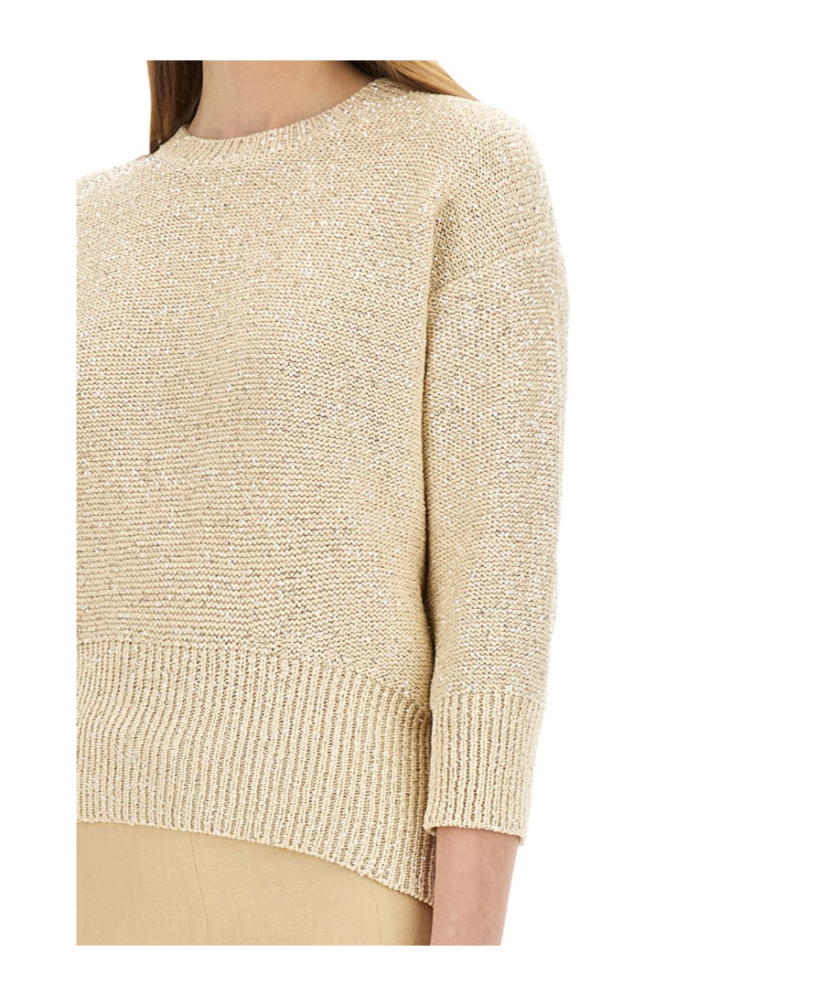 Fabiana Filippi Three-quarter Sleeve Cotton Jersey Top With Ribbed Hem In Beige