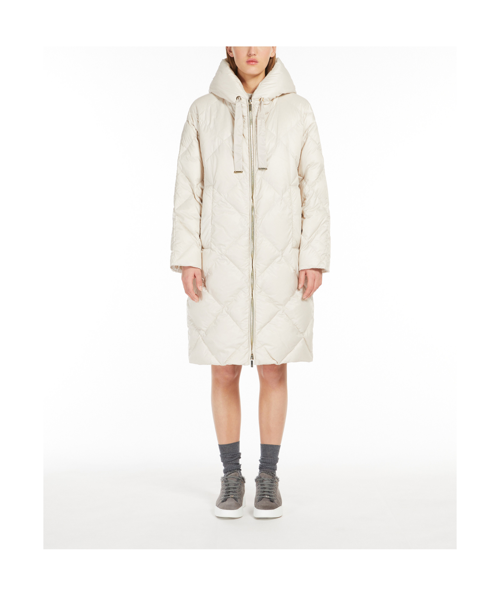 Max Mara Drawstring Hood Long Down Jacket In White