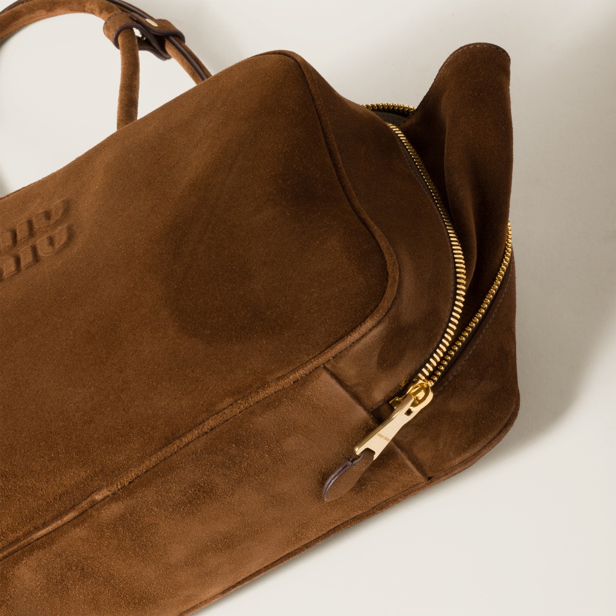 Miu Miu Beau Logo-debossed Suede Bag In Brown