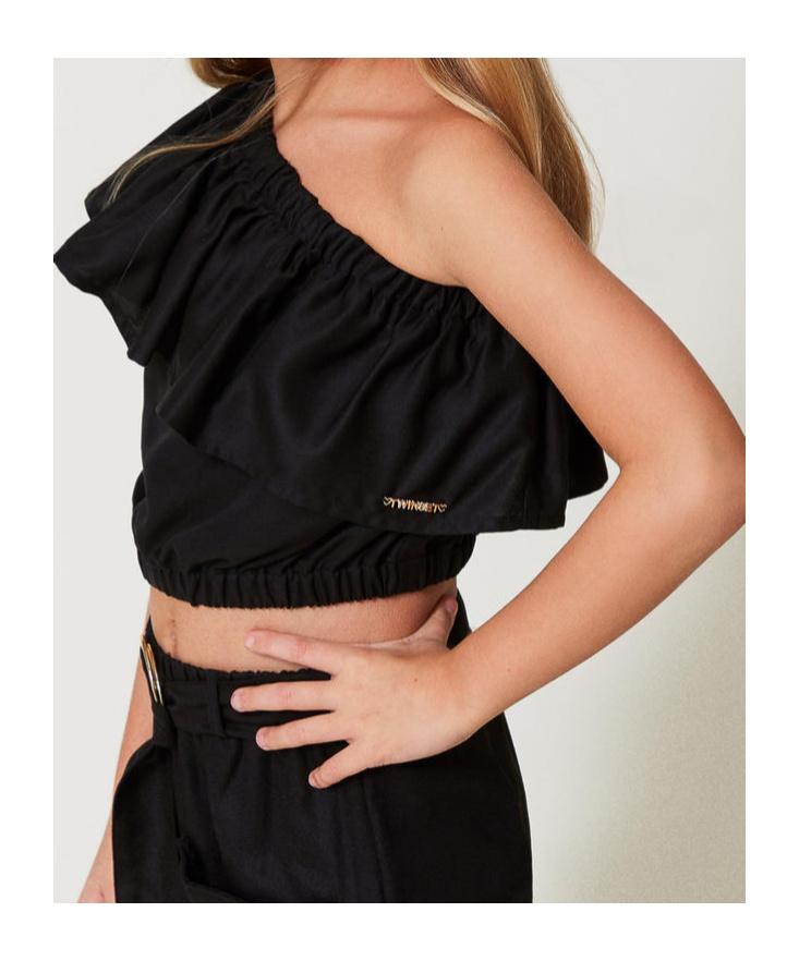 Twinset Slated Shoulder Top With Flounce In Black