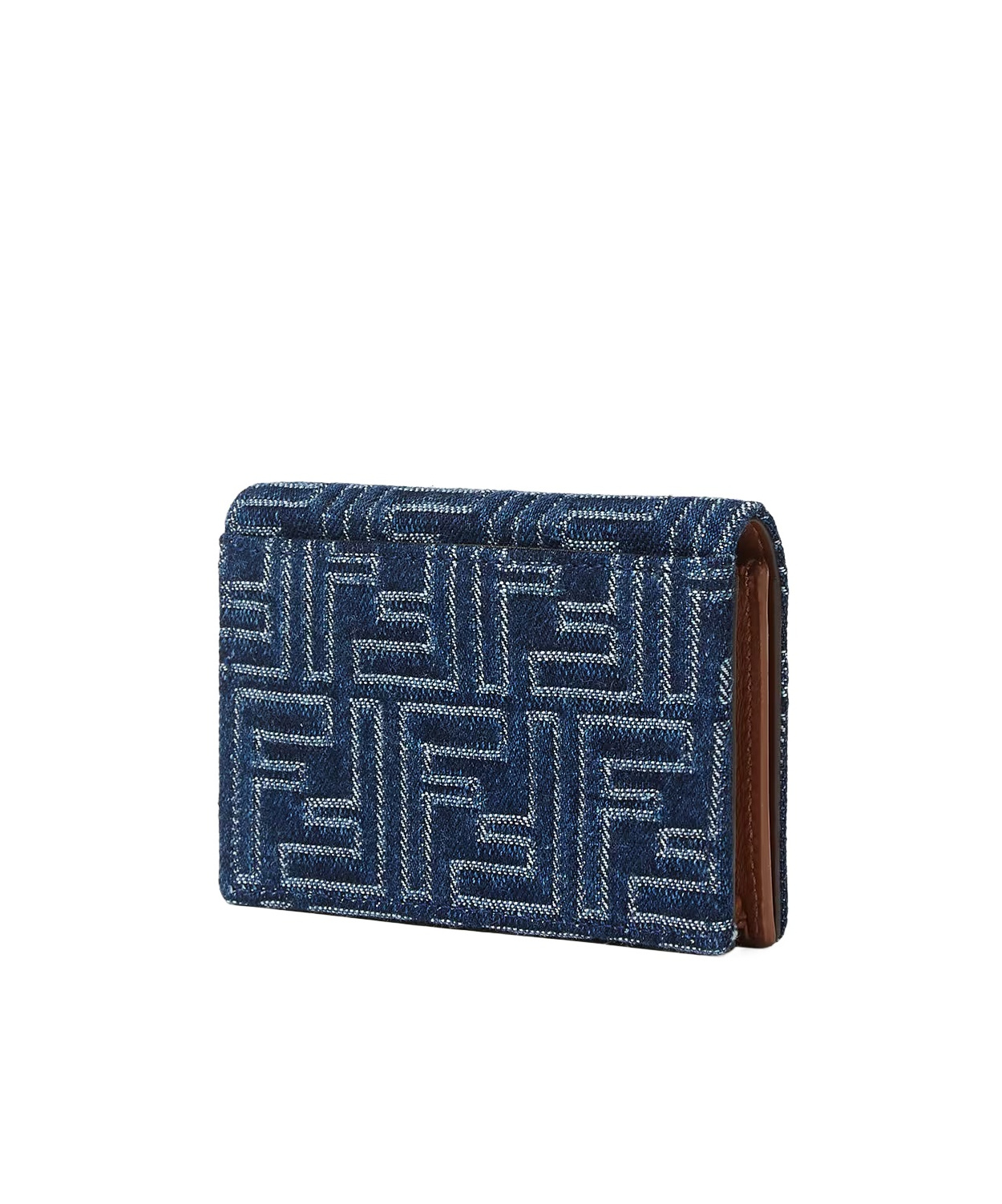 Fendi Brown Leather And Blue Denim-effect Ff Jacquard Card Holder
