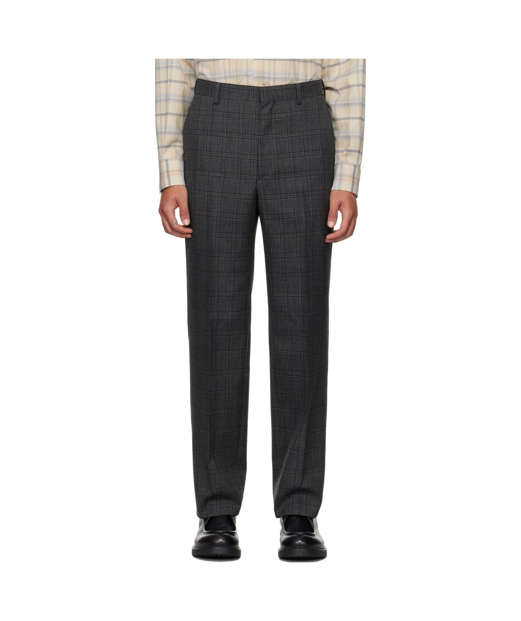 Auralee Bluefaced Wool Check Trousers In Black