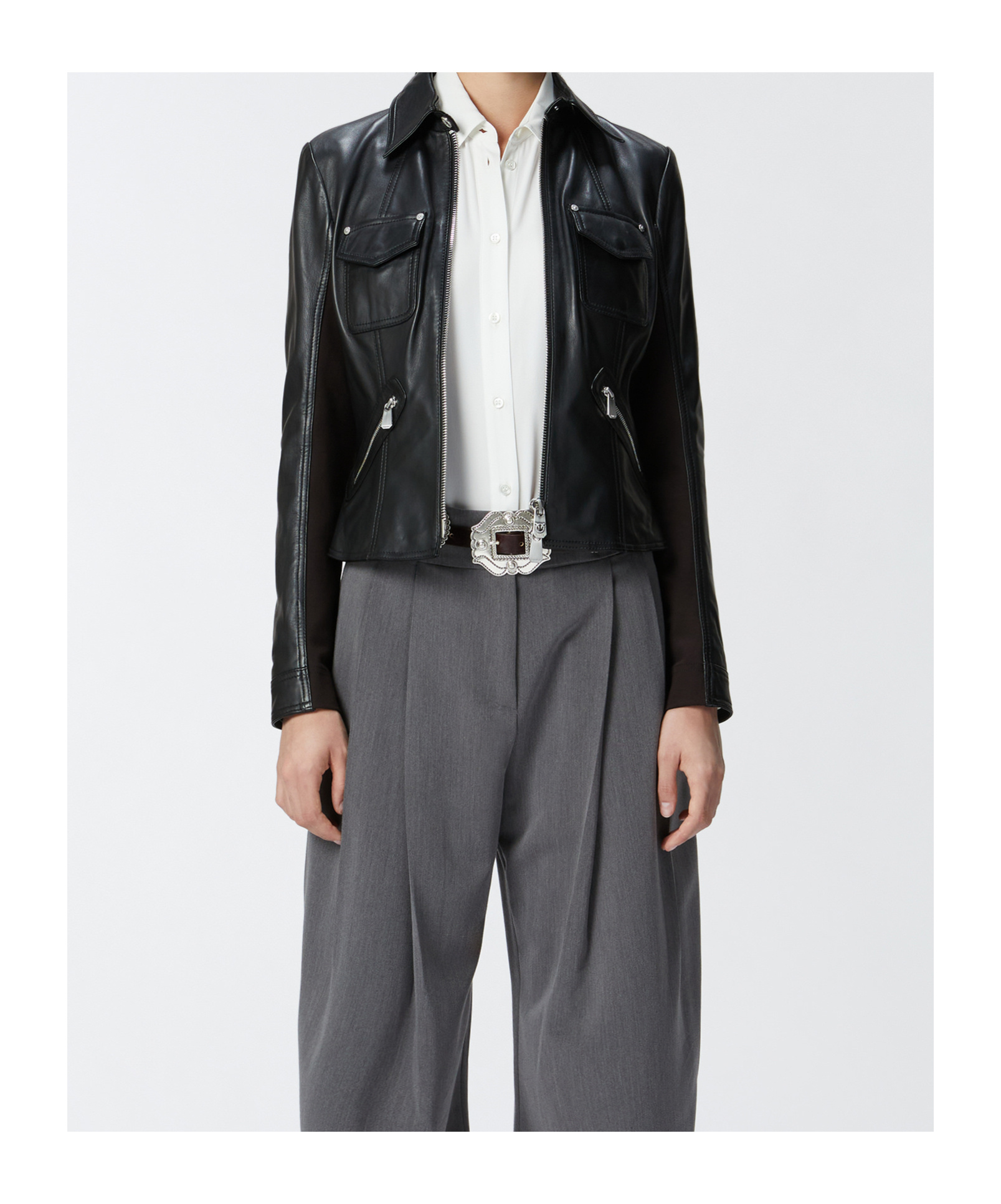 Pinko Blouson De Motard Court En Cuir Et Tissu Technique In Black