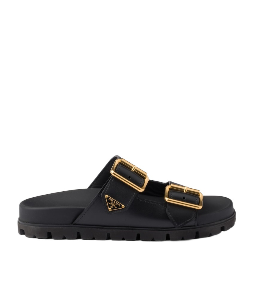 Prada Triangle-logo Leather Slides In Black