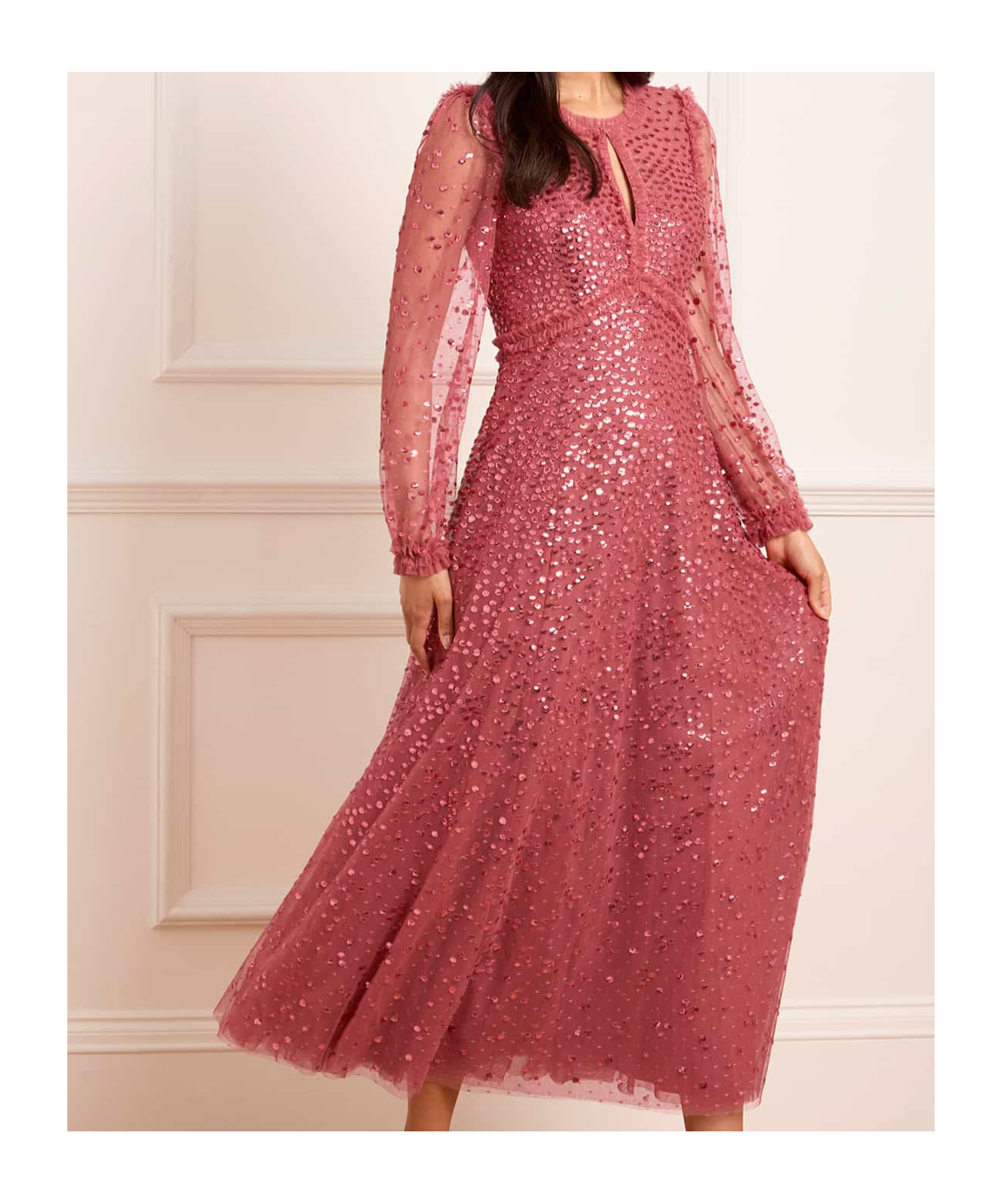 Needle & Thread Dappled Sequin Long Sleeve Ankle Gown In Pink
