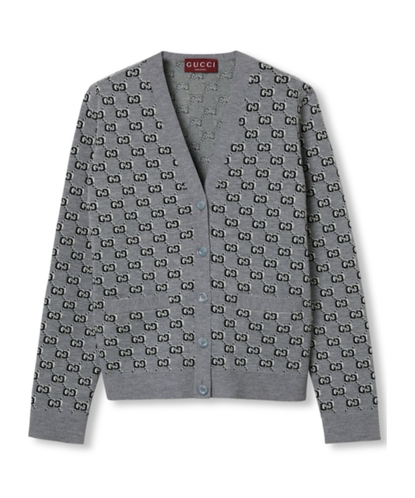 Gucci Wool Jacquard Cardigan With Gg Shadow In Gray