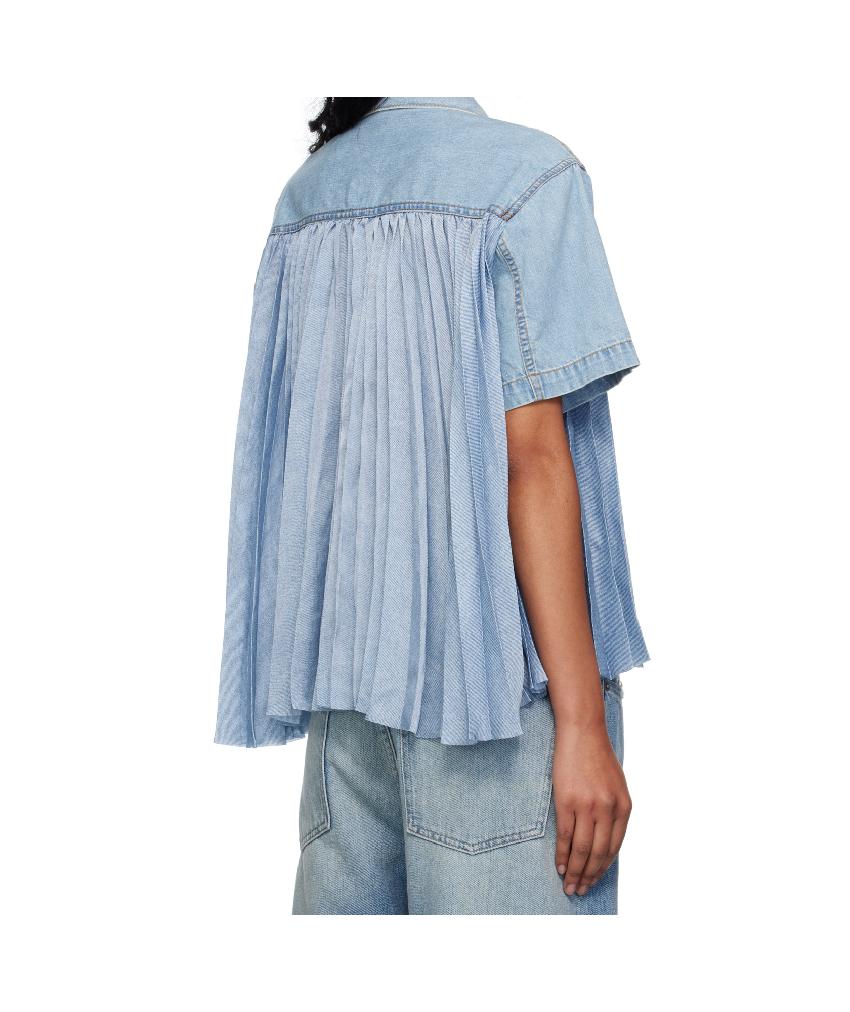 Sacai Pleated Denim Shirt In Blue