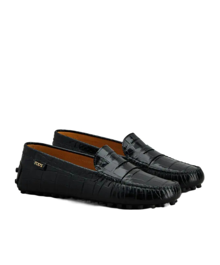 Tod's Crocodile Effect Leather Loafers With Rubber Sole In Black