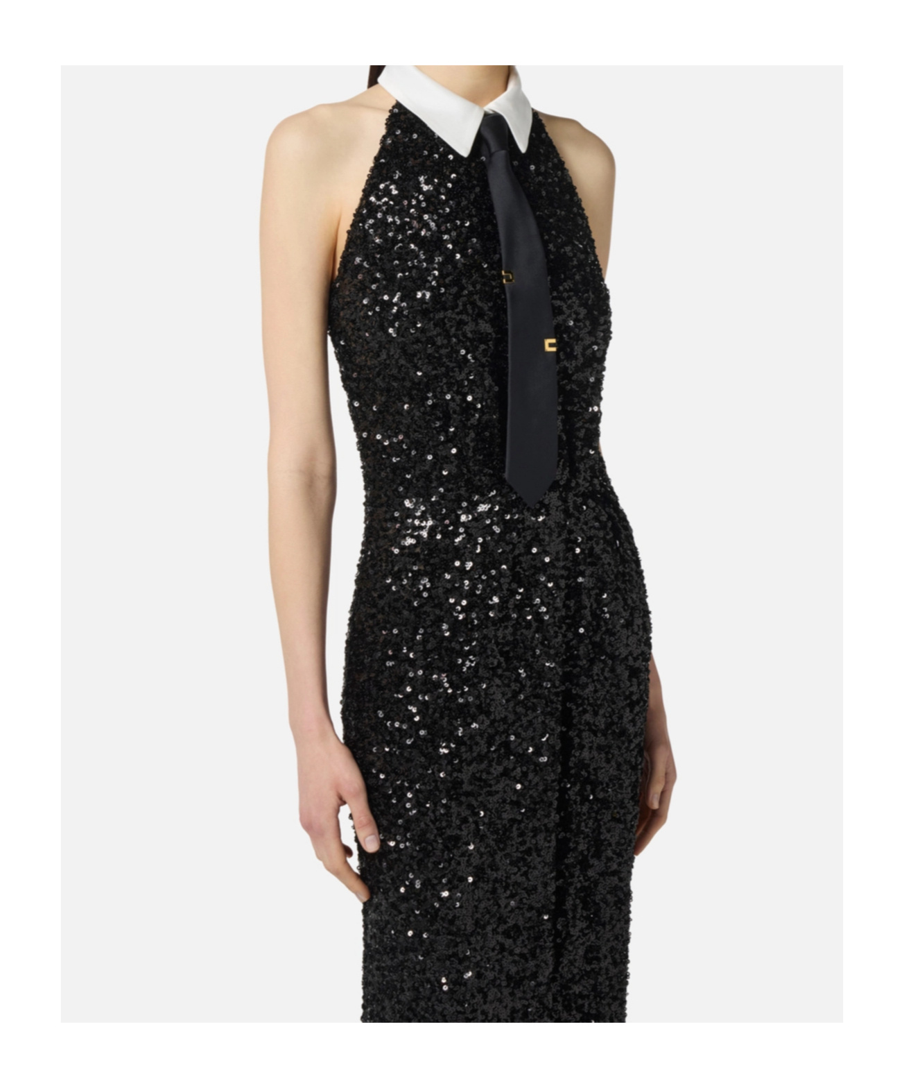 Elisabetta Franchi Red Carpet Sequin Dress With Tie In Black