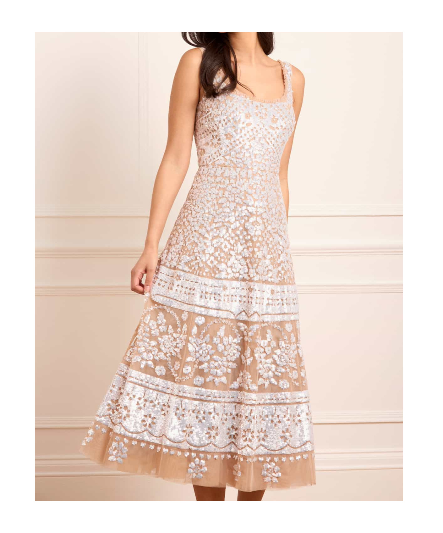 Needle & Thread Sequin-embellished Scoop-neck Midi Dress In White