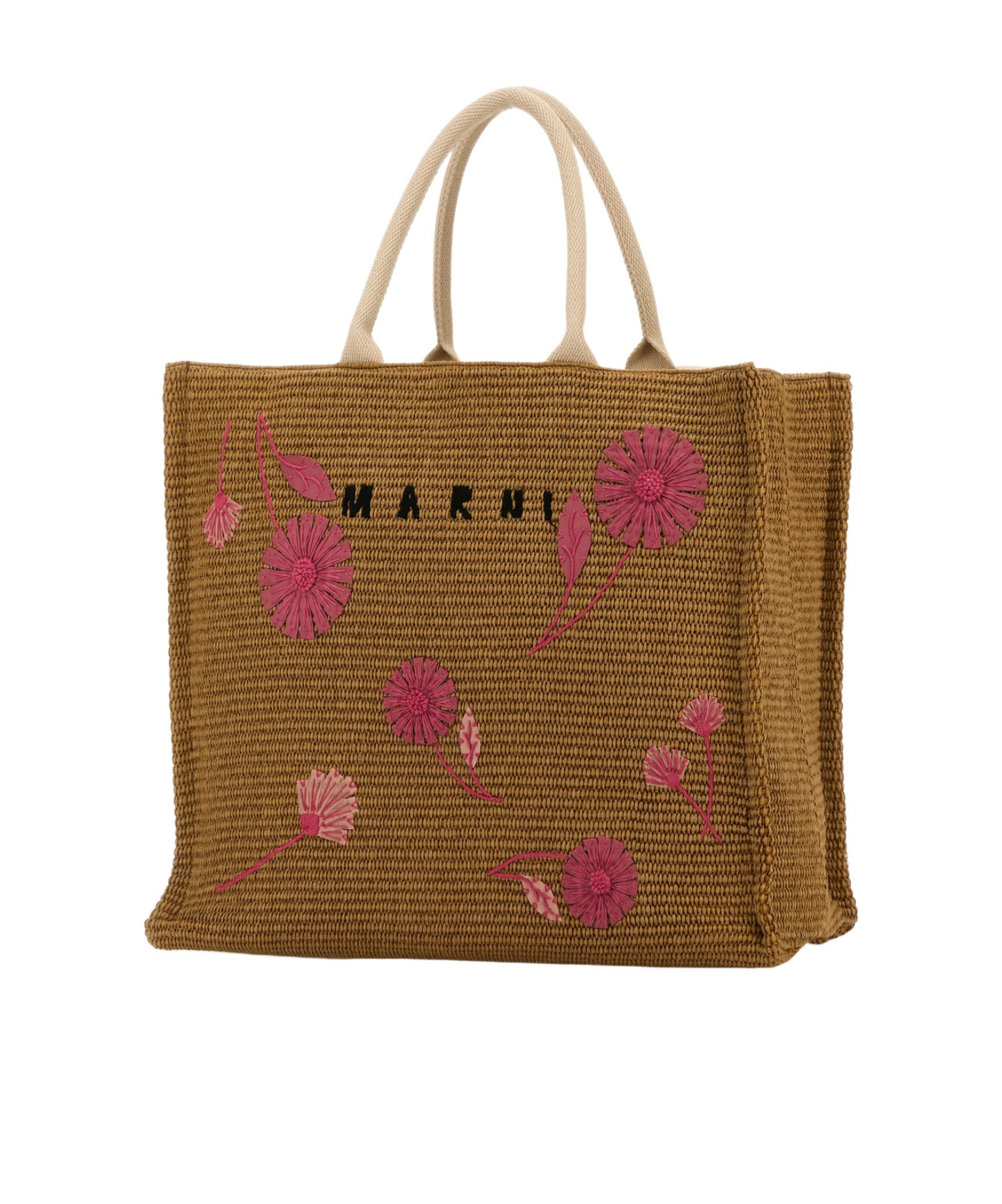 Marni Raffia Shopping Bag Embroidered Floral Design In Brown