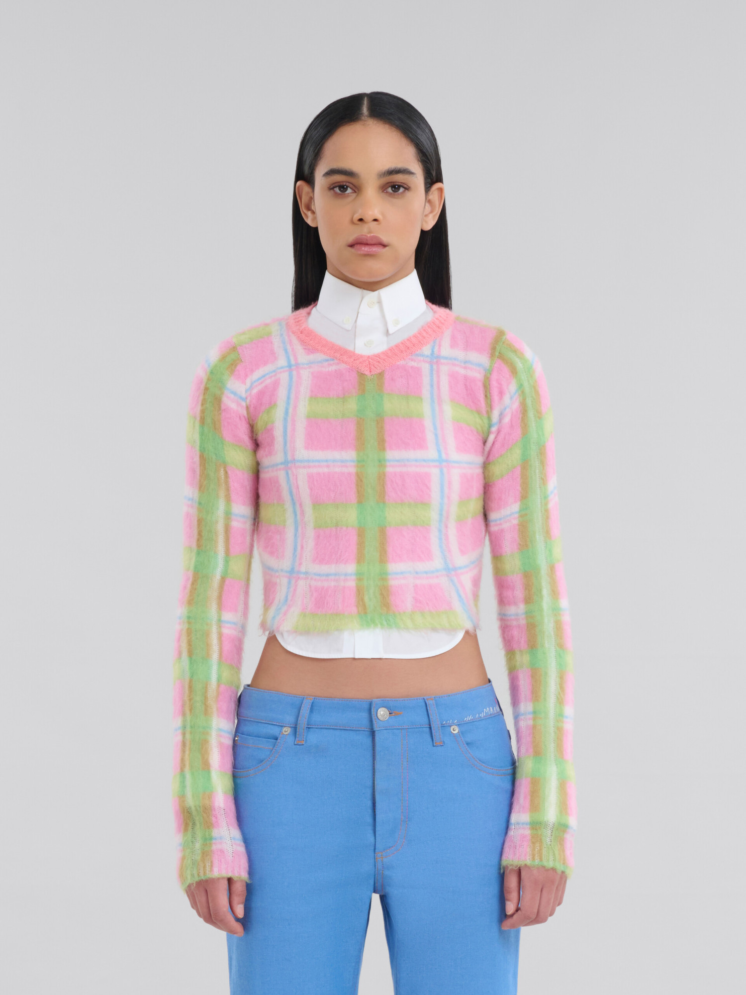 Marni Check-print Brushed-finish Jumper In Pink