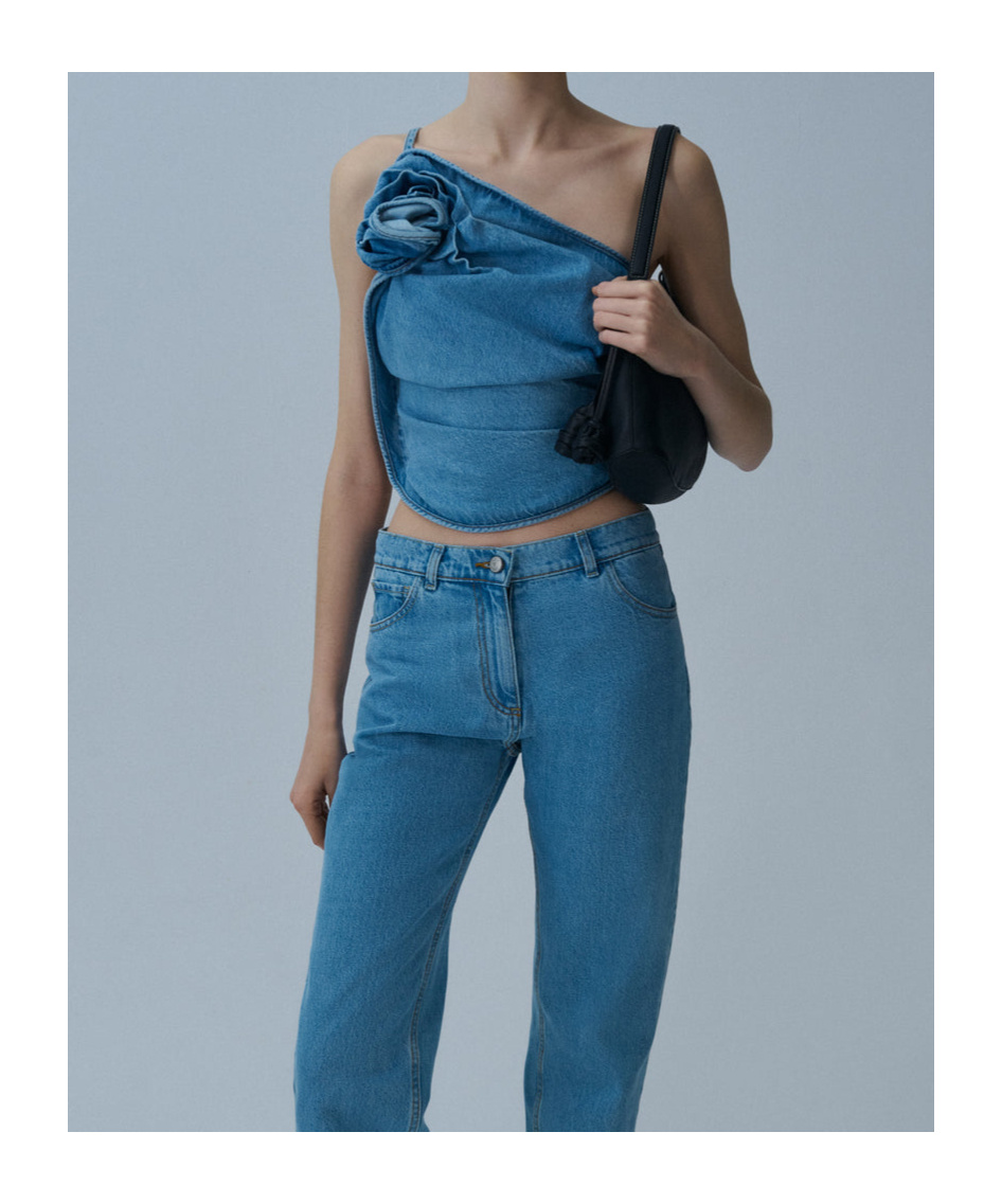 Magda Butrym One-shoulder Draped Denim Top In Sky Blue In Blue