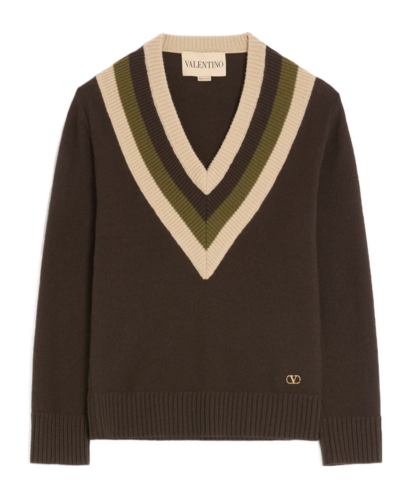 Valentino Virgin Wool Contrast V-neck Sweater In Brown