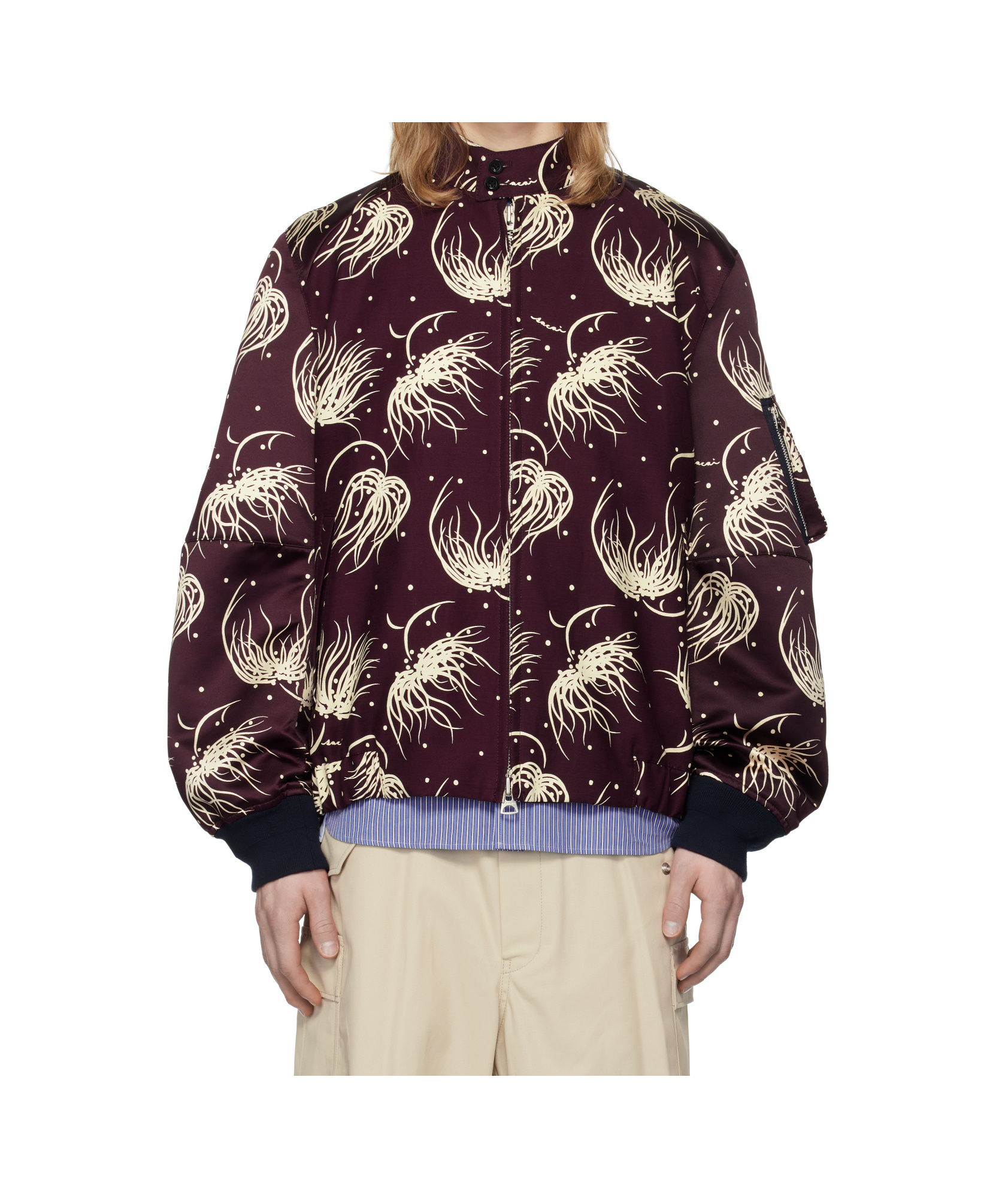 Sacai Burgundy Dot Flower Print Bomber Jacket In Black