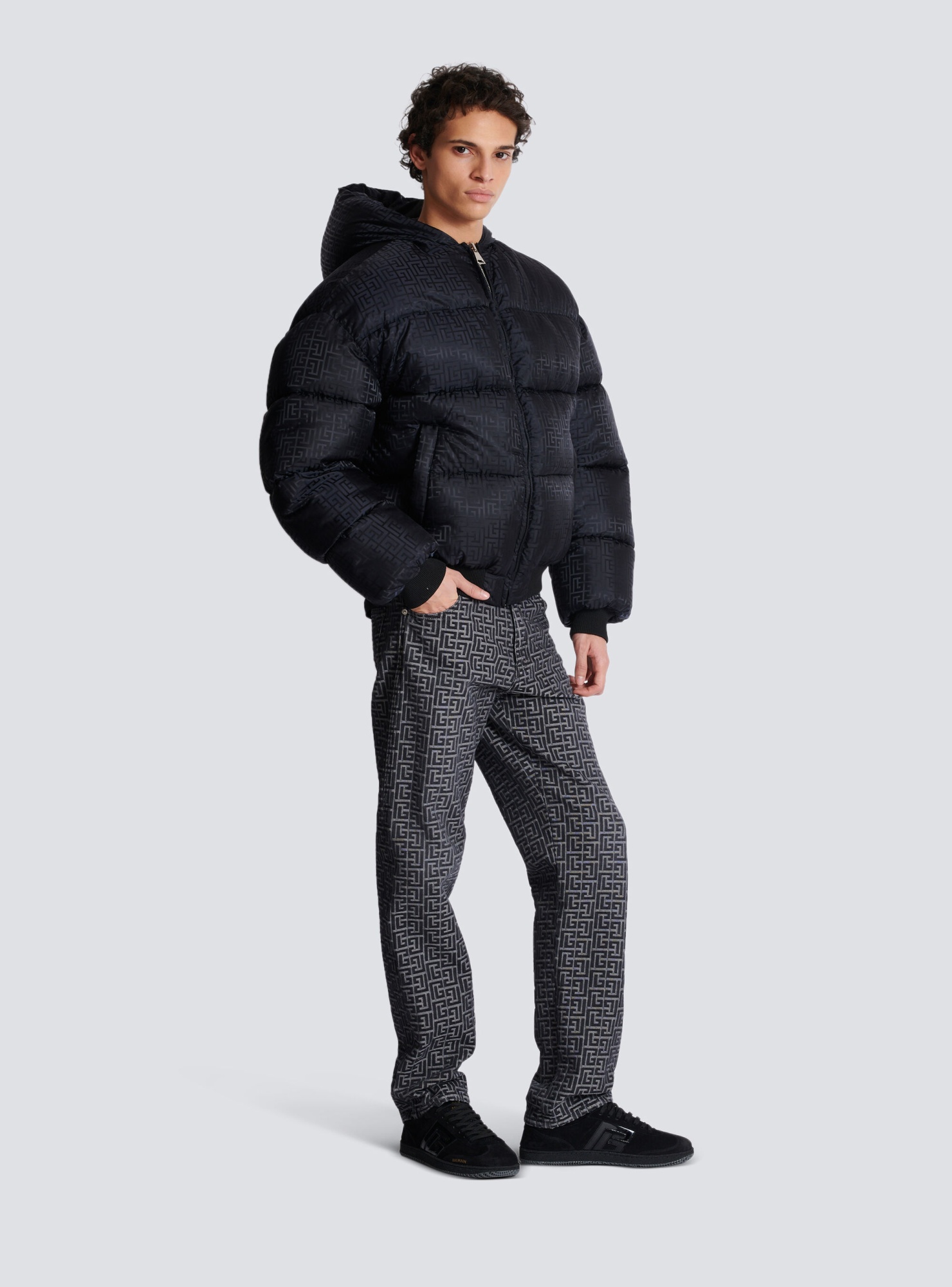 Balmain Pb Labyrinth Jacquard Nylon Puffer Jacket In Black