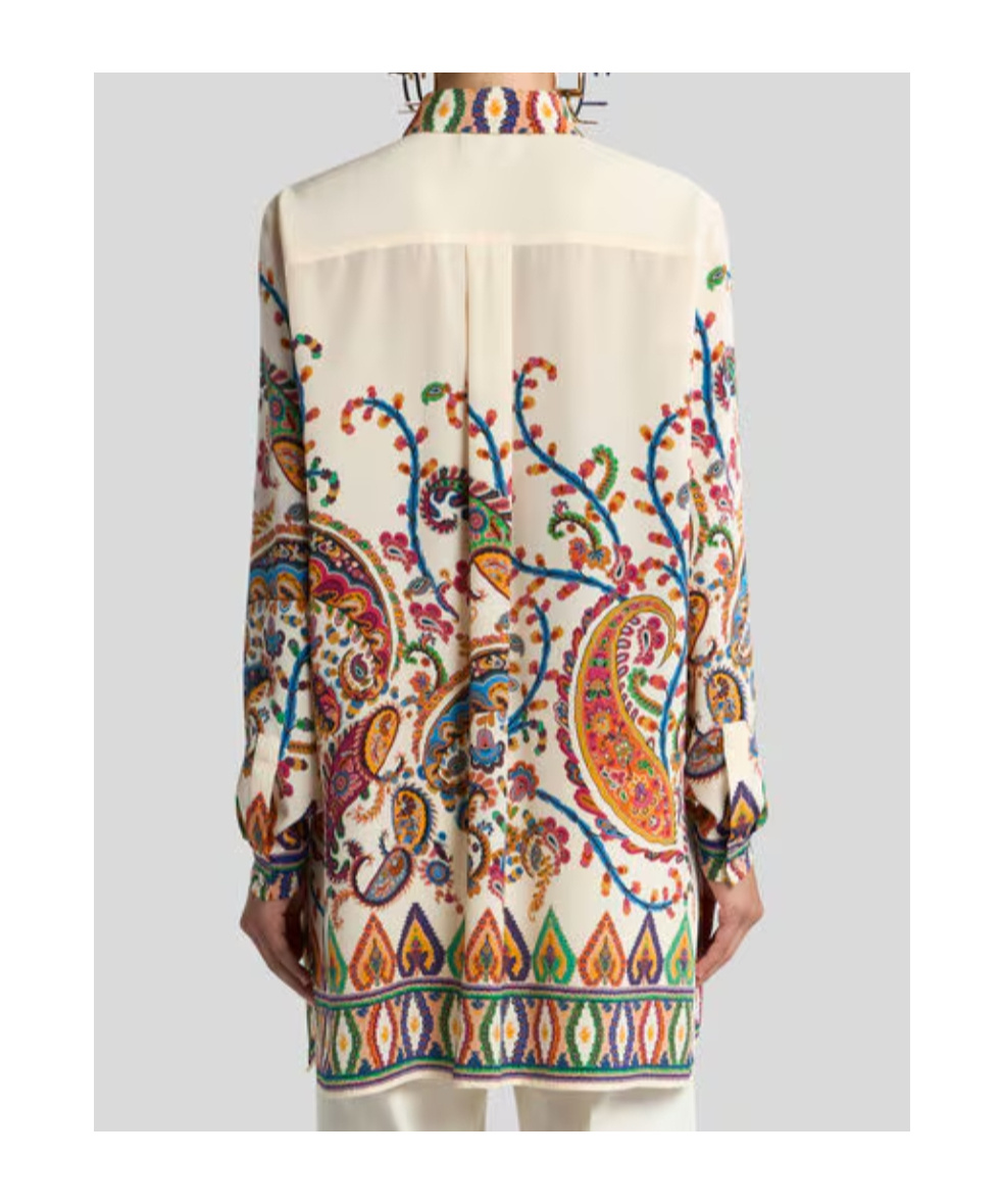 Etro Long Silk Shirt With Placed Floral Paisley Print In Multi