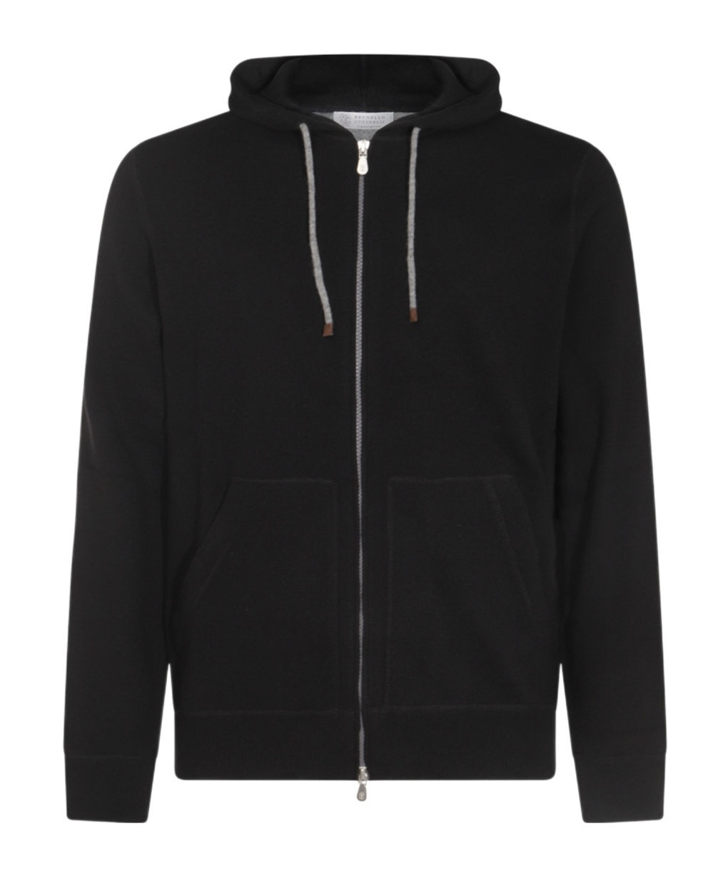 Brunello Cucinelli Hooded Crewneck Sweater Front Pockets In Black