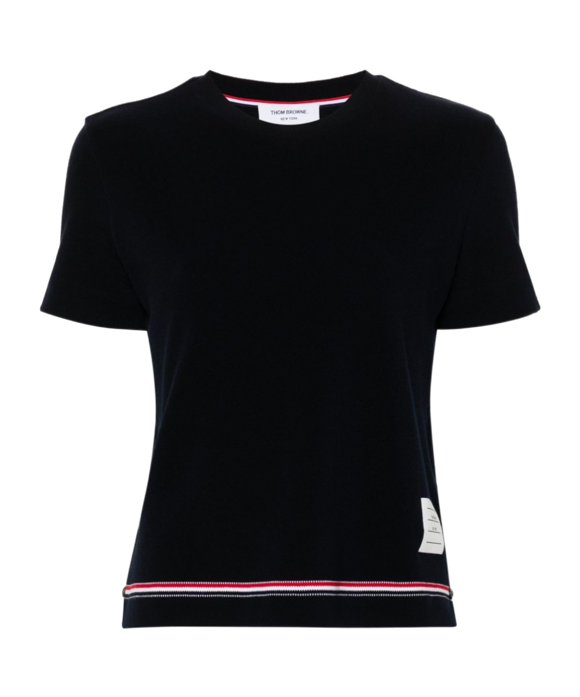 Thom Browne Navy Blue Piqué Cotton T-shirt With Tricolor Stripe In Black